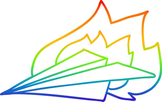 rainbow gradient line drawing cartoon burning paper airplane vector