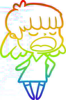 rainbow gradient line drawing cartoon woman talking loudly vector