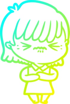 cold gradient line drawing annoyed cartoon girl vector