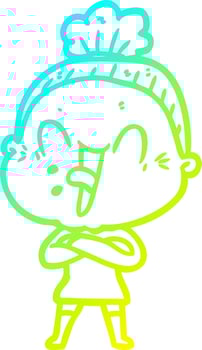 cold gradient line drawing cartoon happy old woman vector