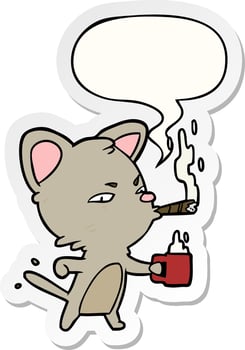 cartoon serious business cat and coffee and cigar and speech bubble sticker vector