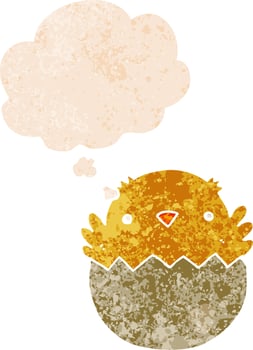 cartoon chick hatching from egg and thought bubble in retro textured style vector