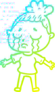 cold gradient line drawing cartoon crying woman vector
