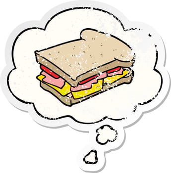 cartoon ham sandwich and thought bubble as a distressed worn sticker vector