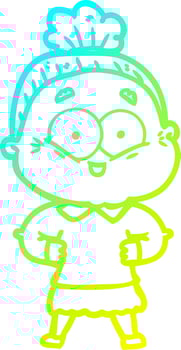 cold gradient line drawing cartoon happy old woman vector