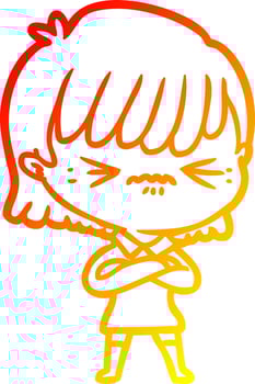 warm gradient line drawing annoyed cartoon girl vector