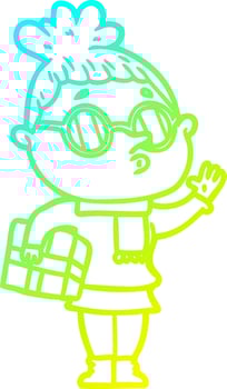 cold gradient line drawing cartoon woman wearing glasses vector