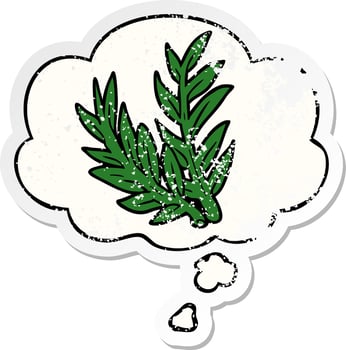 cartoon plant and thought bubble as a distressed worn sticker vector