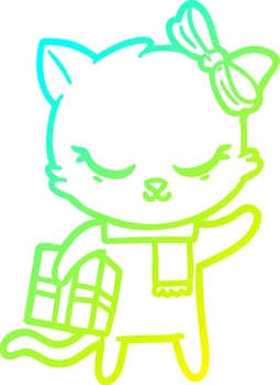 cold gradient line drawing cute cartoon cat with present vector