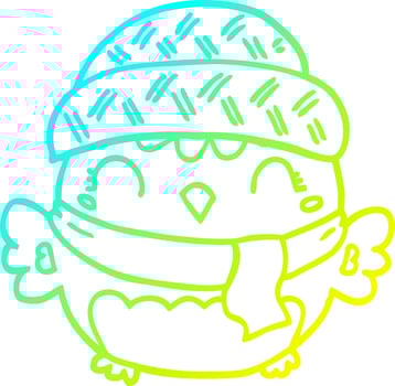 cold gradient line drawing cute cartoon owl in hat vector