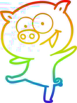rainbow gradient line drawing cheerful dancing pig cartoon vector