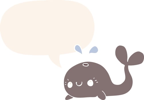 cute cartoon whale and speech bubble in retro style vector