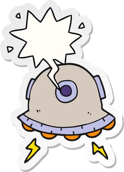 cartoon UFO and speech bubble sticker vector