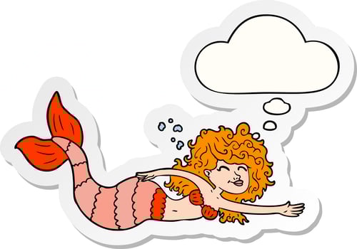 cartoon mermaid and thought bubble as a printed sticker vector