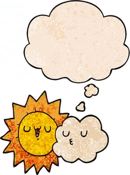 cartoon sun and cloud and thought bubble in grunge texture pattern style vector
