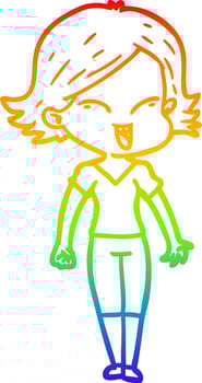 rainbow gradient line drawing happy cartoon girl vector