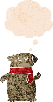 cartoon bear with scarf and thought bubble in retro textured style vector