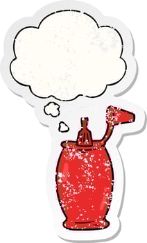 cartoon ketchup bottle and thought bubble as a distressed worn sticker vector