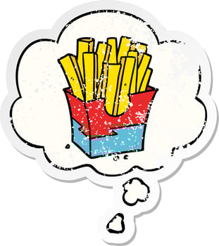 cartoon fries and thought bubble as a distressed worn sticker vector