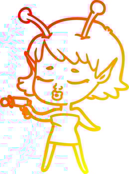 warm gradient line drawing cute alien girl cartoon vector