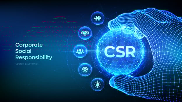 CSR. Corporate social responsibility and giving back to the community concept in the shape of polygonal sphere in wireframe hand. Sustainability Responsible Office. Vector illustration.