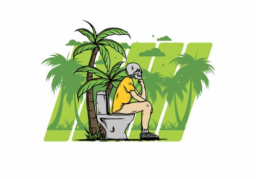 Skeleton man sit on outdoor toilet illustration vector