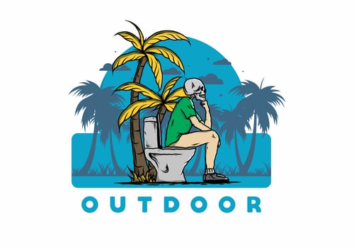 Skeleton man sit on outdoor toilet illustration vector