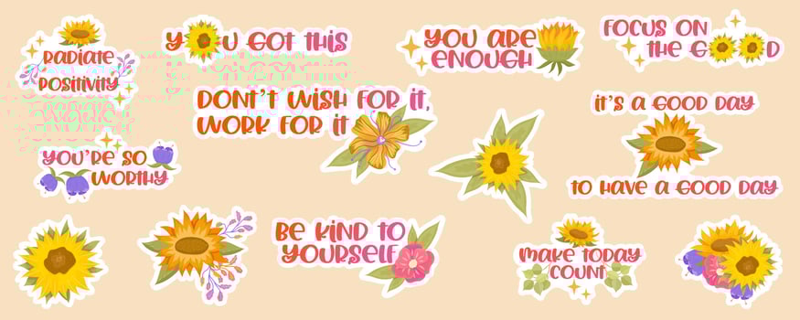 Set of positive inspirational stickers with flowers and sunflowers. Vector illustration. Positive bright text for a planner or diary.