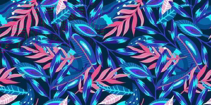 Neon tropic floral seamless pattern on dark background. Floral neon for bright summer design. Tropic jungle in abstract style on purple background. vector