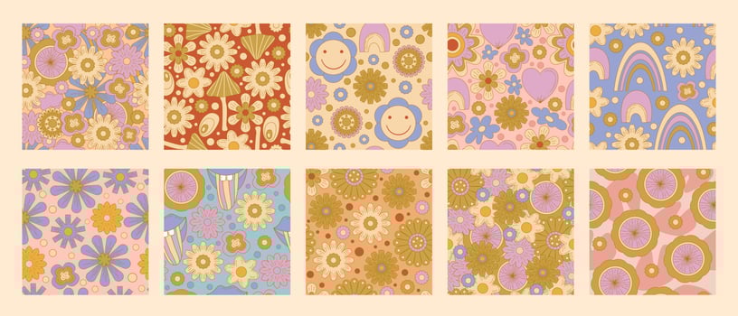 Modern flower retro groovy 70s seamless pattern set. Groovy daisy flower, rainbow,background. Hippy illustration with 70s print design. Hippie print illustration. Vector retro floral seamless pattern.