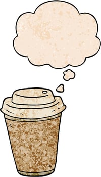 cartoon takeout coffee cup and thought bubble in grunge texture pattern style vector