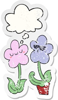 cute cartoon flower and thought bubble as a distressed worn sticker vector