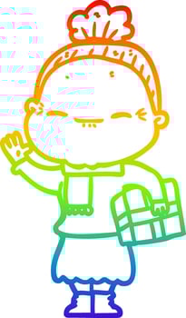 rainbow gradient line drawing cartoon peaceful old woman vector