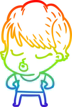 rainbow gradient line drawing cartoon woman with eyes shut vector