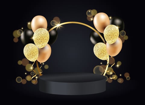 Happy birthday background black podium with realistic balloons vector