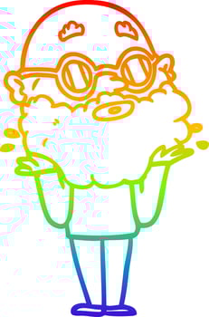 rainbow gradient line drawing cartoon curious man with beard and sunglasses vector