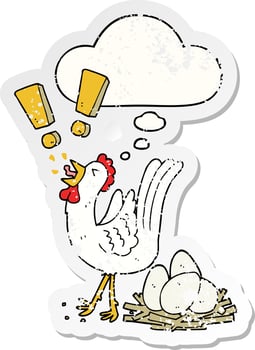 cartoon chicken laying egg and thought bubble as a distressed worn sticker vector
