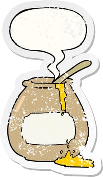 cartoon honey pot and speech bubble distressed sticker vector