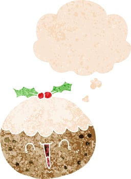 cute cartoon christmas pudding and thought bubble in retro textured style vector