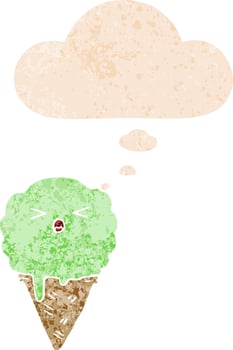 cartoon ice cream and thought bubble in retro textured style vector