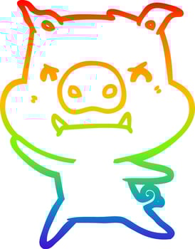 rainbow gradient line drawing angry cartoon pig vector
