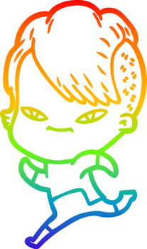 rainbow gradient line drawing cute cartoon girl with hipster haircut vector