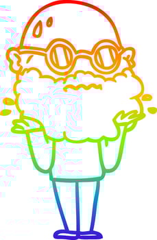 rainbow gradient line drawing cartoon worried man with beard and sunglasses vector