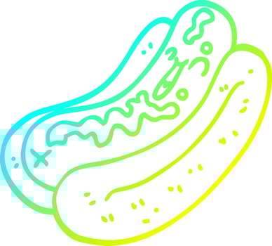 cold gradient line drawing cartoon hotdog with mustard vector