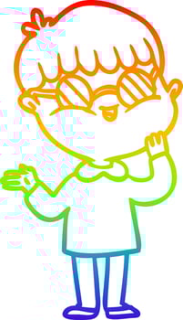 rainbow gradient line drawing cartoon boy wearing spectacles vector
