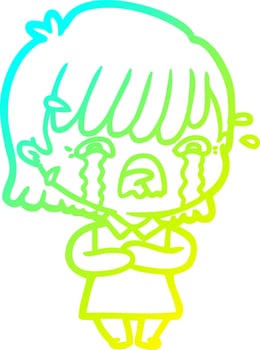 cold gradient line drawing cartoon girl crying vector