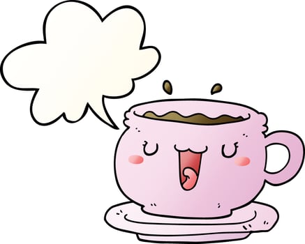 cute cartoon cup and saucer and speech bubble in smooth gradient style vector