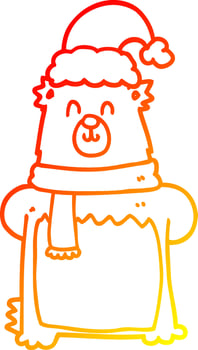warm gradient line drawing cartoon bear wearing christmas hat vector