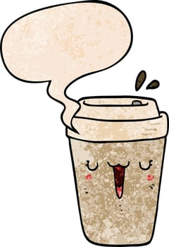 cartoon coffee cup and speech bubble in retro texture style vector