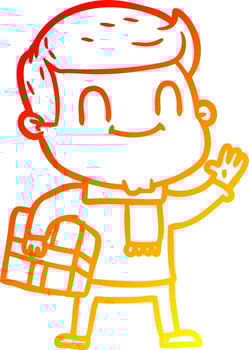 warm gradient line drawing cartoon friendly man with xmas gift vector